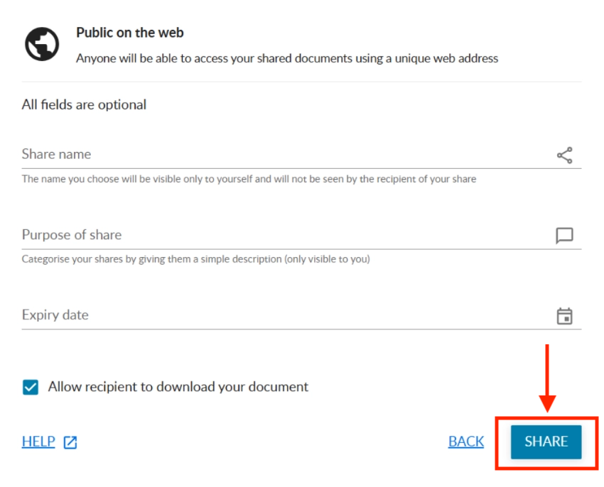 My eQuals sharing settings with empty optional fields and the Share button highlighted