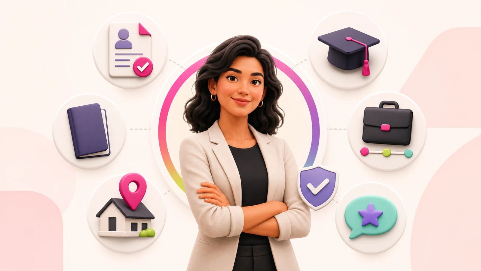 Professional surrounded by identity, education, work history, address and reference check symbols