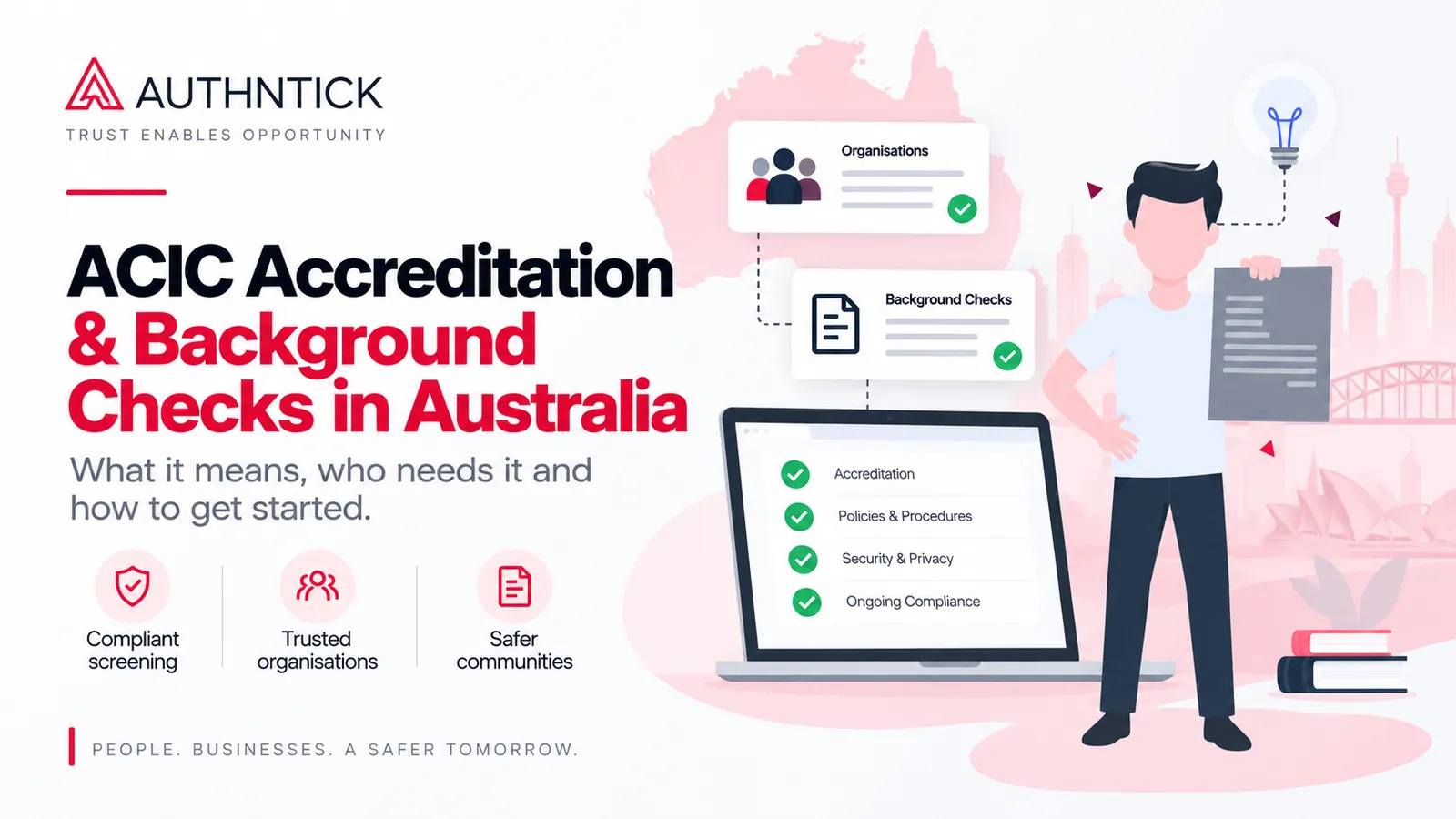 ACIC accreditation guide illustrated with organisation records and a checklist for policies, security, privacy and ongoing compliance.