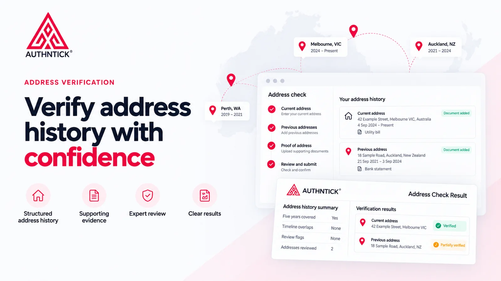 Address history verification showing example Australian and New Zealand addresses, supporting documents and review results