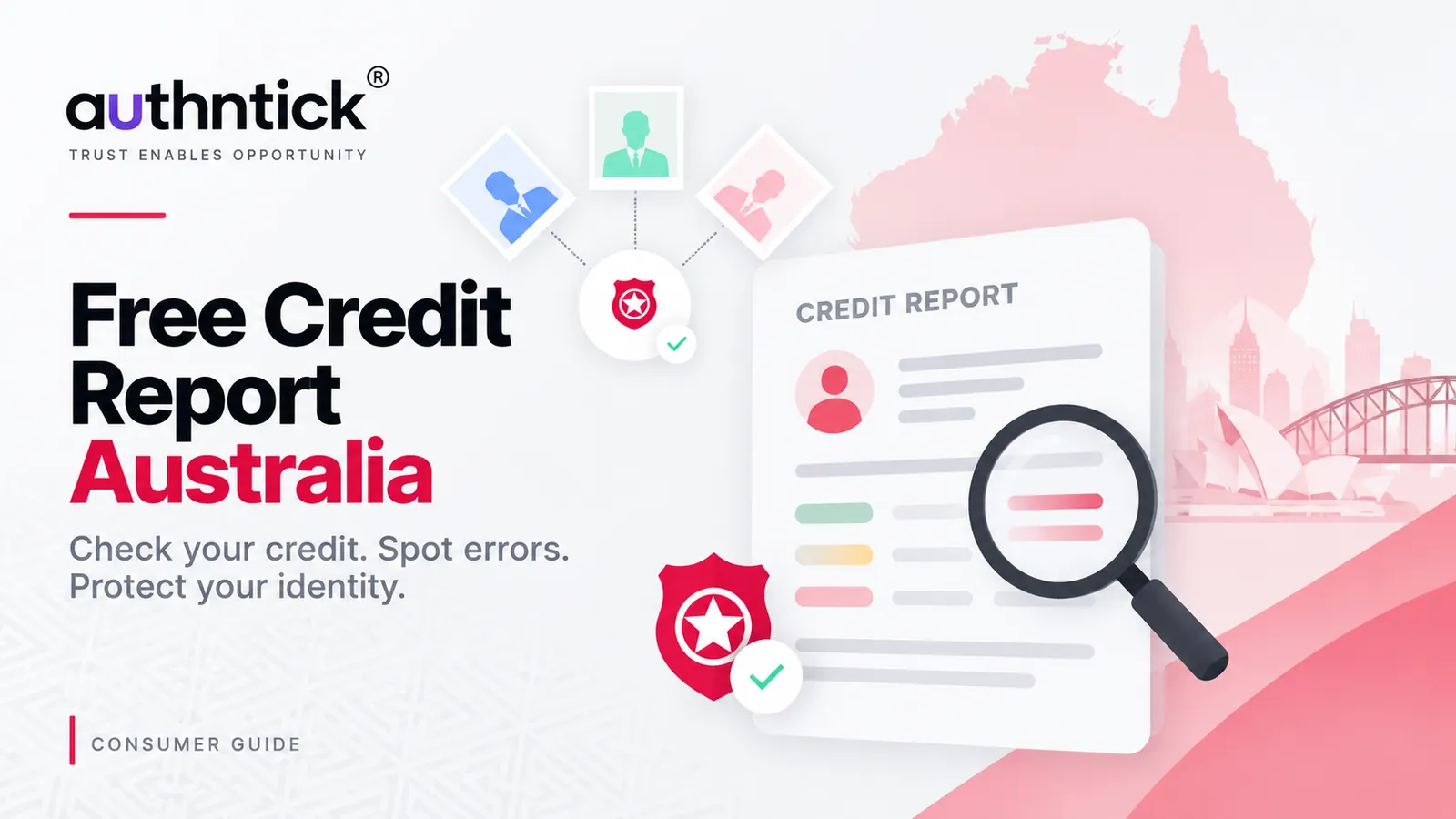 Australian credit report illustration with a magnifying glass and identity protection shields
