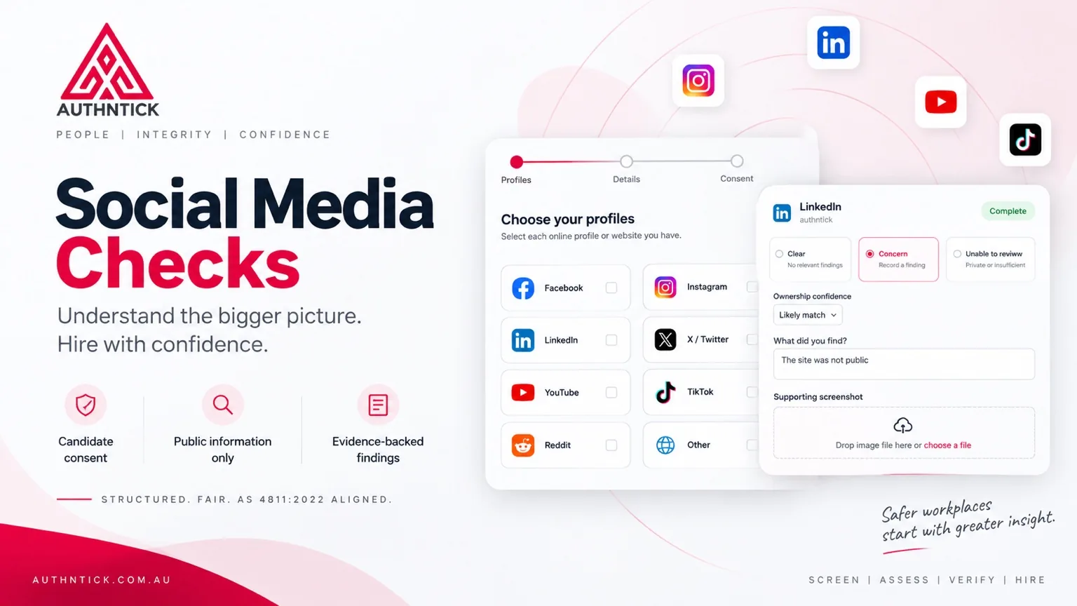 AuthNTick social media check showing profile selection, candidate consent and a review findings form