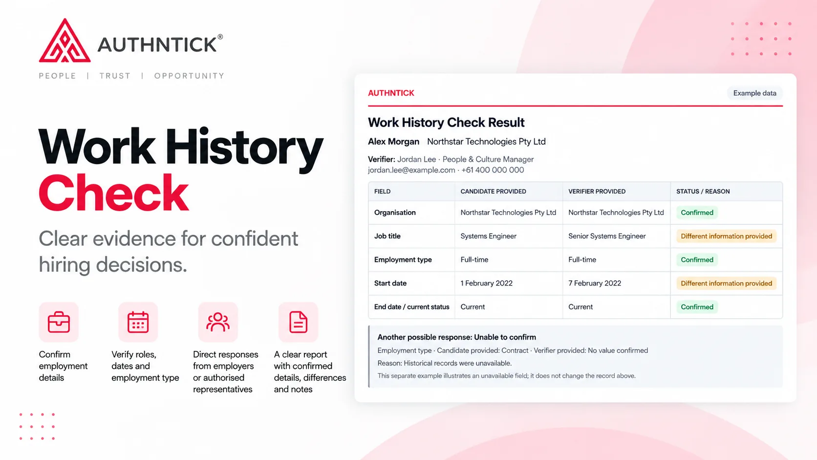 Example work history check report comparing candidate and employer details with confirmed information and discrepancies