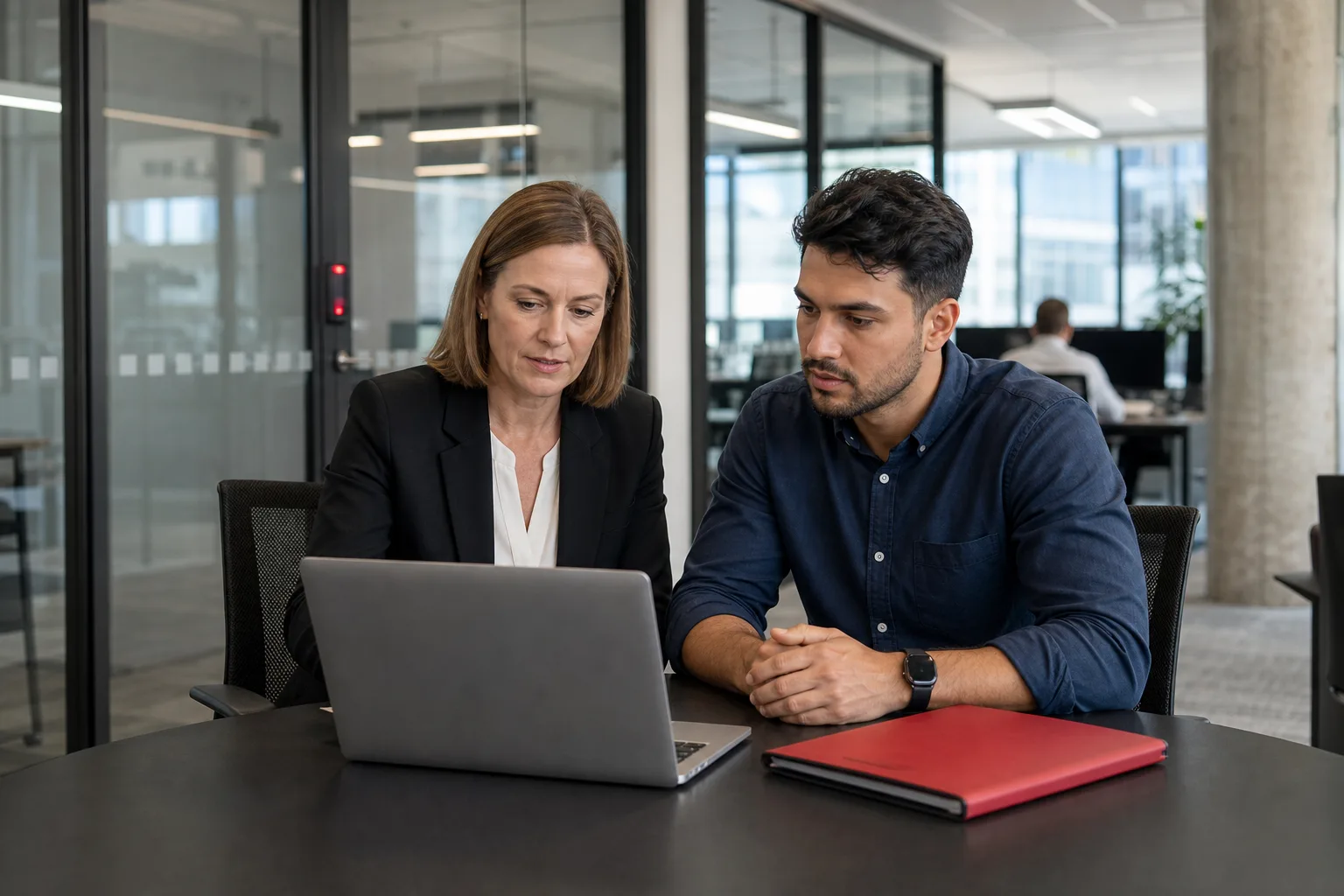 Security and compliance manager reviewing workforce credentials with a technical employee in a secure office