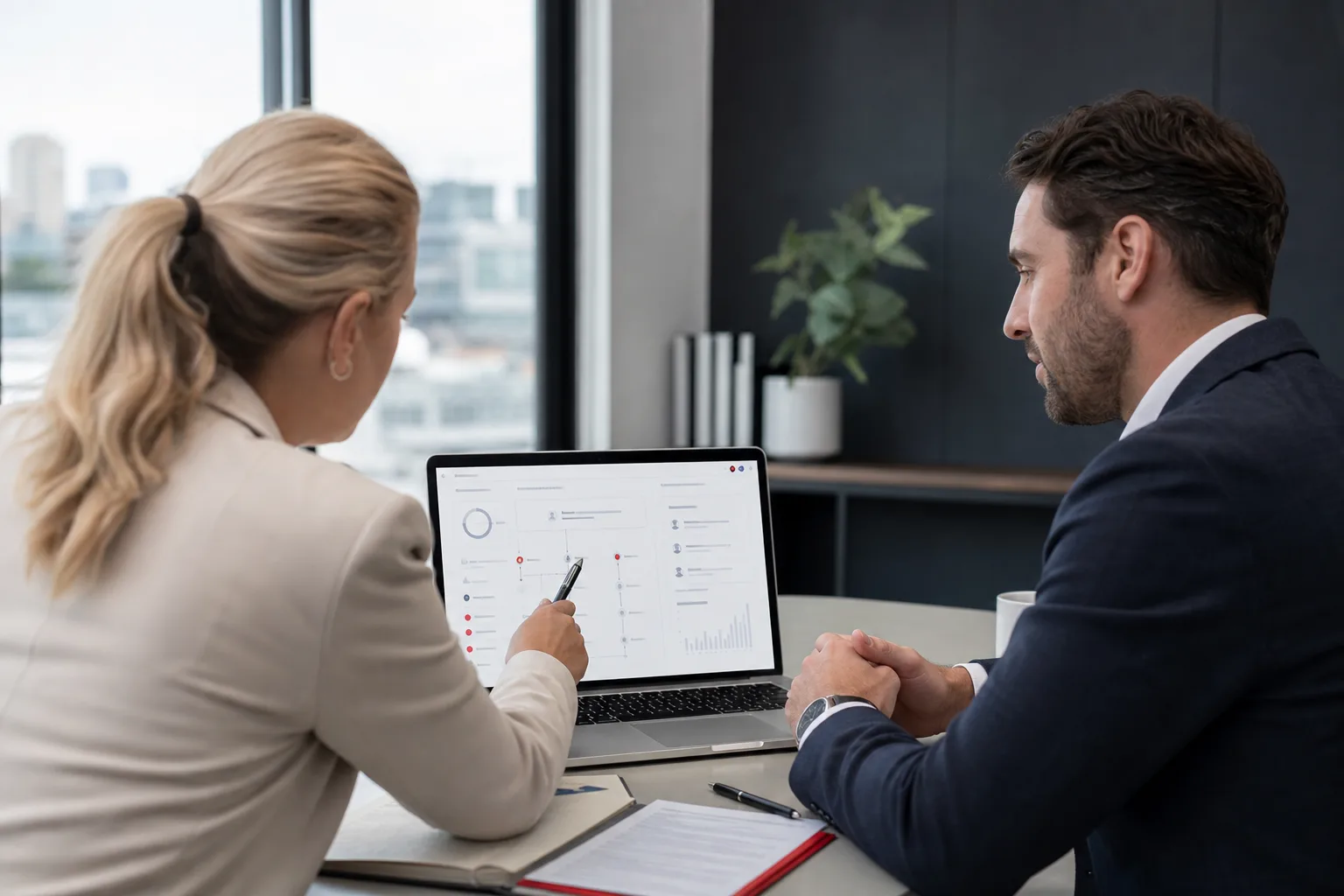 Australian compliance professional reviewing a company and beneficial-owner structure with a business client
